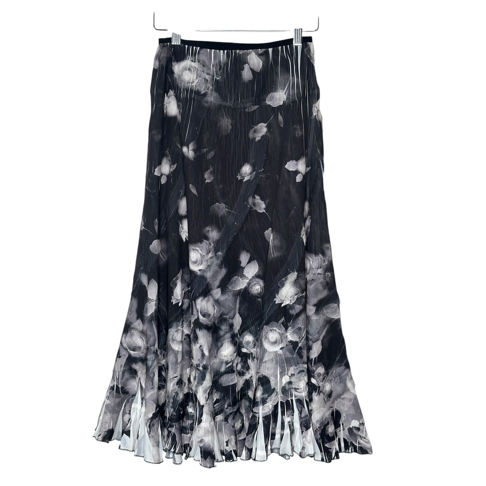 New Komarov Floral Mesh Maxi Skirt SMALL Black Grey Pleated Gothic Whimsigoth